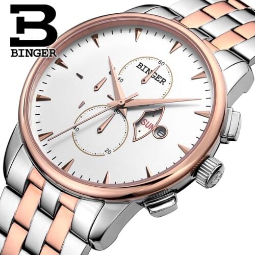 Genuine Switzerland BINGER Brand Mens stainless steel business fashion sapphire watch male leather strap waterproof calendar