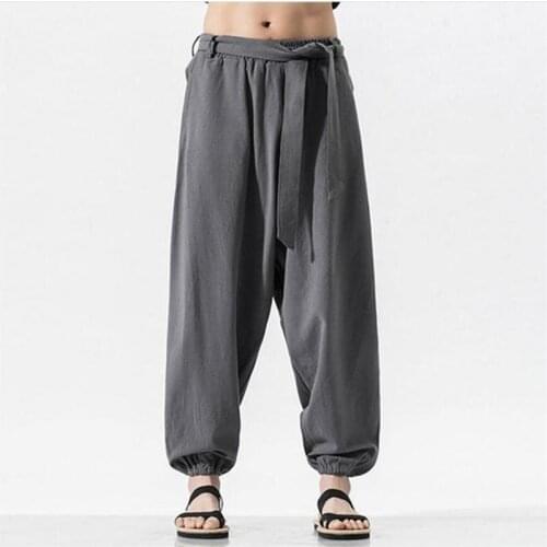 Cotton Linen Men Long Pants Casual Loose Solid Wide Leg Pants 9 Color Straps Pants With Pockets Large Size 6XL 7XL