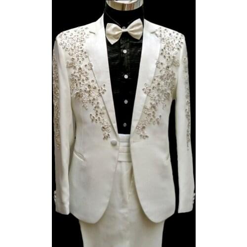 100%real customs tailor mens full embroidery crystal beading white/black tuxedo suit /event/stage performance