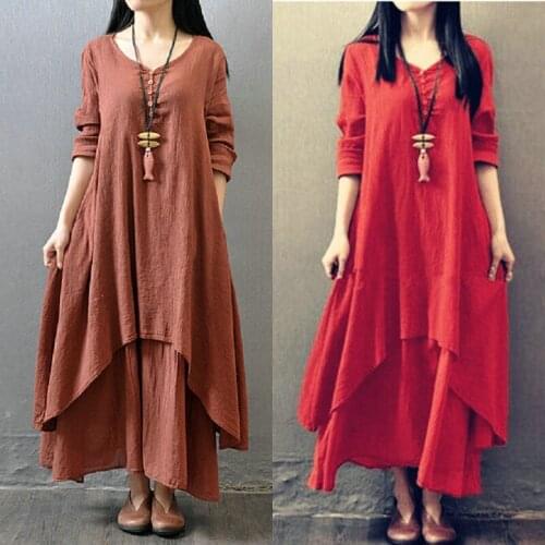 Summer Plus Size Big Swing Skirt, Long Skirt, Ethnic Style Loose Retro Literary And Artistic Long-Sleeved Cotton And Linen Dress