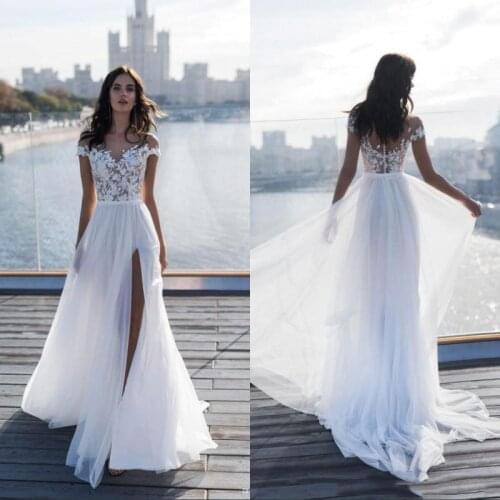 Hot New Beach A Line Wedding Dresses New Thigh High Slits Bridal Gowns Chiffon Lace Appliques vestido de novia