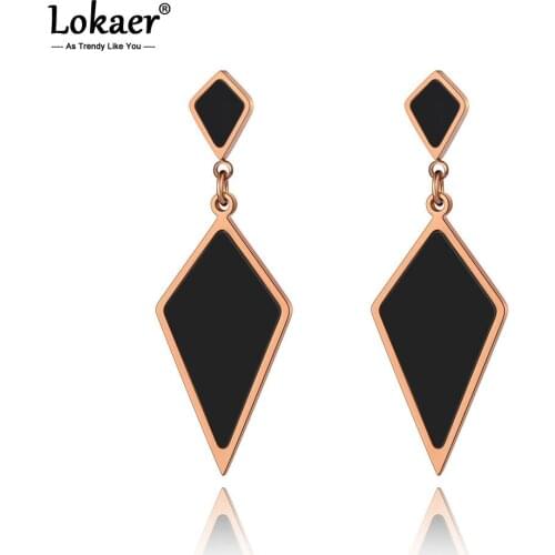 Lokaer Trendy Titanium Stainless Steel Black Acrylic Geometry Earrings Jewelry Rose Gold Stud Earrings For Women Girls E20034