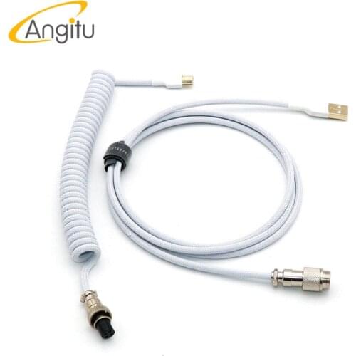 Angitu Handmake Mechanical Keyboard USB C Coiled Cable Single Sleeved Type C Spiral Cable With GX12 Aviator-Black White