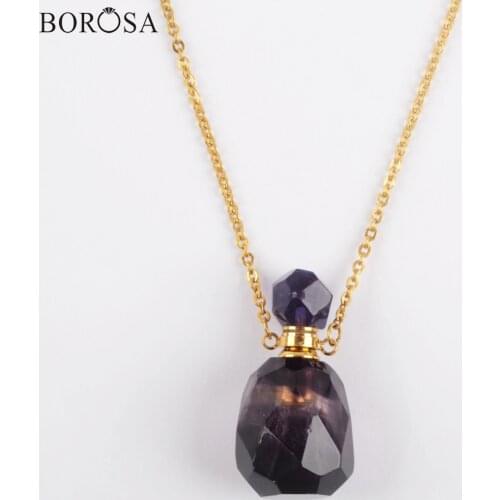 Mini Perfume Bottle Natural Stone Necklace Amethysts Rose Crystal Quartz Essential Oil Pendant Necklace Gold Copper Chain WX1617