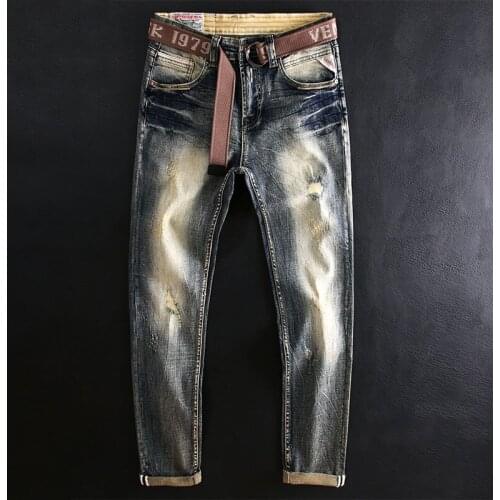 Italian Style Fashion Men Jeans High Quality Retro Elastic Slim Fit Ripped Jeans Men Patched Vintage Designer Casual Denim Pants