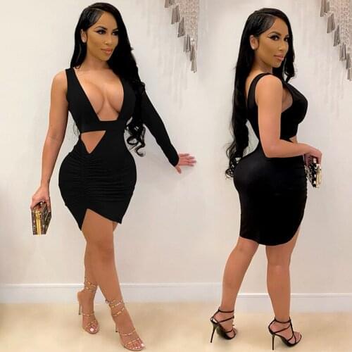 Stacked Mini Dress Women Sexy One Shoulder Deep V Neck Pleated Dress Hollow Out Night Club Party Backless Slim Vestidos Outfits