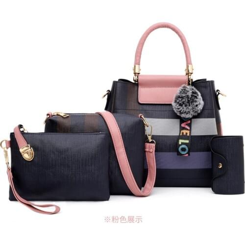 2019 New Vintage Female Plaid Contrast Color Handbag Four-piece Suit Tote Bag Messenger Bag Clutch Bag Card Holder