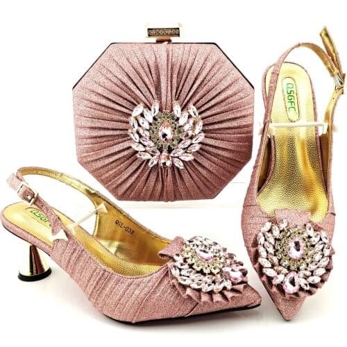 2020 Lastest Italian Design Fashion Crystal Style Party Women Shoes and Bag Set Decorated With Rhinestone in Pink for Party