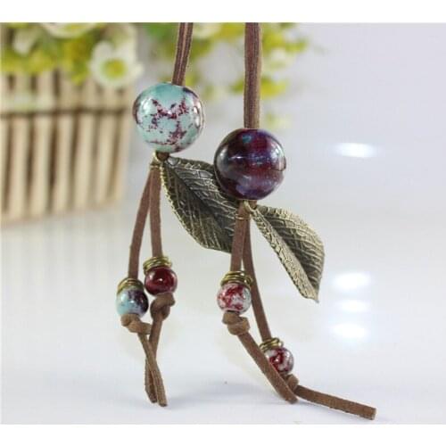 Brown Leather Necklace Leaves Charm Pendants Choker Ceramic Beads Stone Statement Chains Long Sweater Women Jewelry Accessories