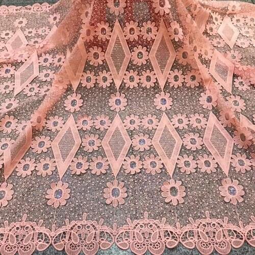 Peach African Dry Lace Swiss Voile Lace In Switzerland Sequined Embroidered Cord Lace Wedding Prom Bride Mesh Tulle Material