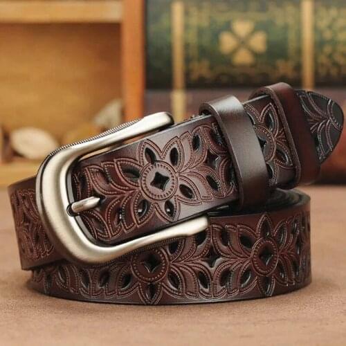 Fashion Women Belt Hollow Pattern Artificial Leather Cowskin Leather Belt With Vintage Pin Buckle Strap Ladies Jeans Accessories