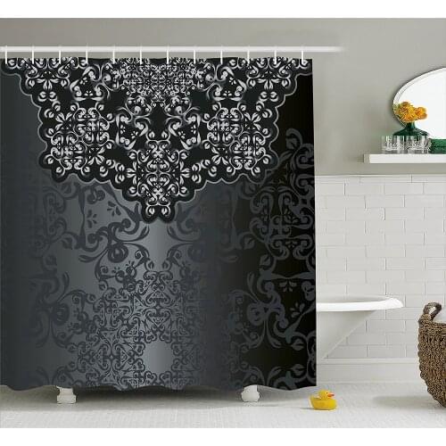 Dark Grey Shower Curtain Vintage Damask Inspired Ornament Victorian Swirls Curlicues Artistic Bath Curtain For Bathroom