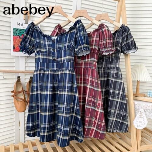 Vintage V-neck puff sleeve Dress Edible Tree Fungus edge high waist pleated Plaid short A-line Dress 2021 New Summer Women