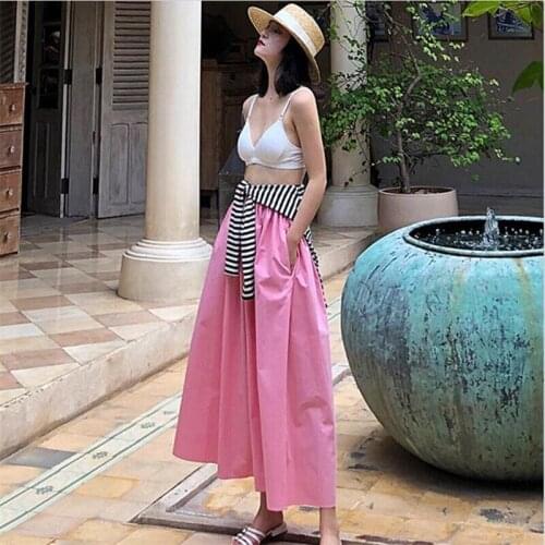 2020 Women Summer Cotton Long Skirts Spring Autumn Elastic Waist Beach Holiday Maxi Skirts With Pocket Plus Size M-7XL