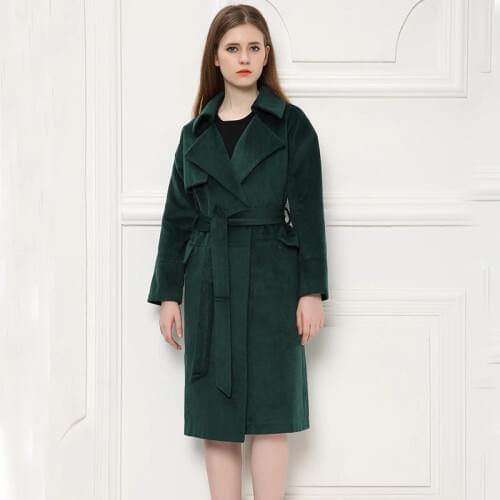 Elegant Turn-down Collar Blackgreen Ladies Woolen Jacket, Extra Long Design Women Winter Wool Jacket