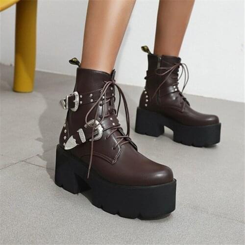 PXELENA 2020 Plus Size 35-44 Women Platform Motorcycle Biker Rivet Boots Chunky High Heel Buckle Combat Gothic Punk Shoes Winter