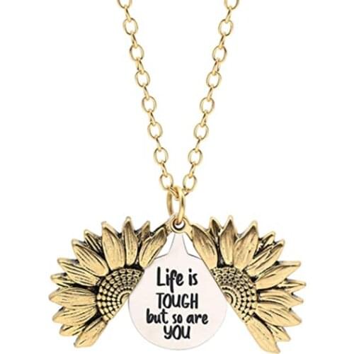 Life is tough but so are you Engraved Necklace Inspirational Sunflower Locket Necklace Jewelry for Women Girlfriend