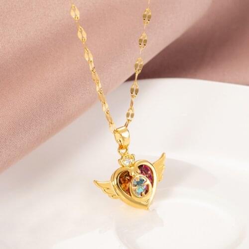 Sweet Romantic Colorful Crystal Love Heart Angel Wings Women Necklace Female Elegant Gold Color Stainless Steel Chokers Necklace