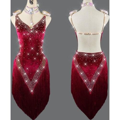 2020 Latin Dance Dress Sexy Backless Latin Competition Dresses Red Velvet Fringe Samba Rumba Cha Cha Tango Stage Costume BL4909