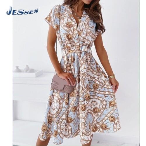 Spring Short Sleeved Ladies Dress Button Printed Shirts Dresses Tie Waist V-neck Pleated Dress Plus Size Dress XL