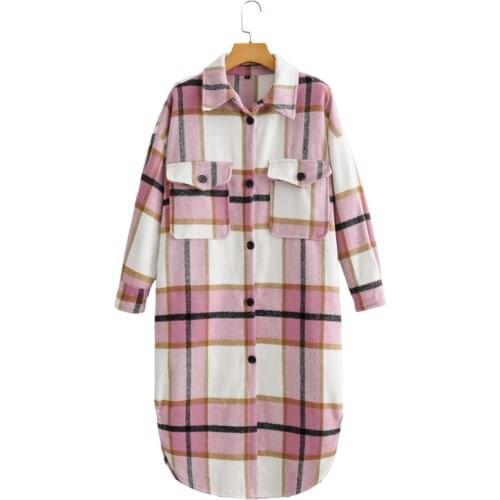 High Quality Spring Autumn Womens Casual Plaid Pocket Loose Long Woolen Coat