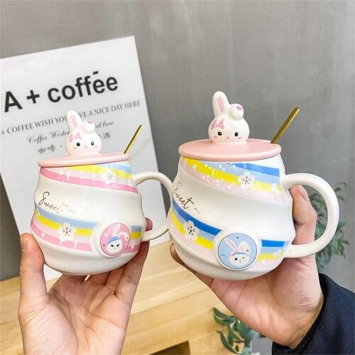 450ml Colorful Rainbow Cute Ceramic Cup with Lid Spoon Coffee Mug Tea Milk Creative Trend Couple Cup For Girls Kids Student Gift