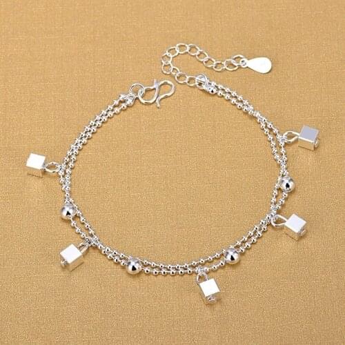 925 Sterling Silver Tassel Square Round Bead Charm Bracelet &Bangle Anklets For Women Girls Party Jewelry a175