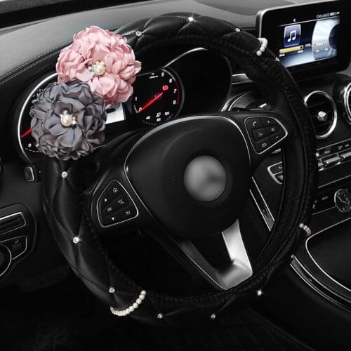 Pearl Diamond Rose Flower Car Steering Wheel Cover Leather Rhinestone Covered Steering Wheel Covers Women Accessories