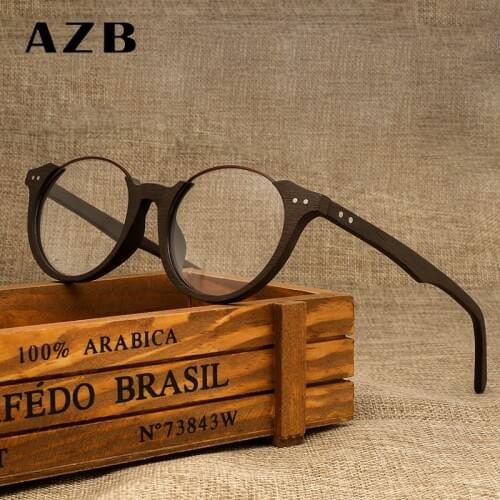 AZB Womens Wood Glasses Frame Vintage Round Transparent Lens Glasses Men Women Wooden Eyeglasses Frames Optical Frame
