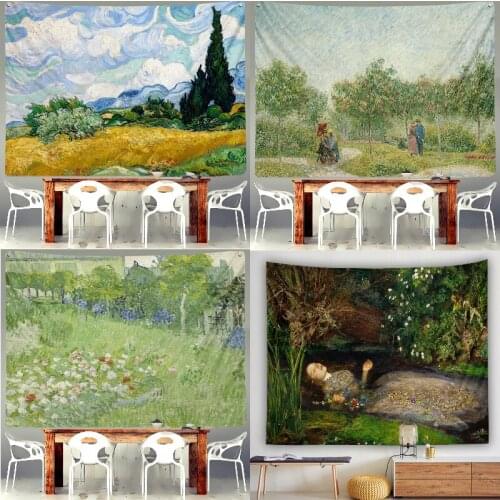 Oil painting village flowers and trees one direction room decoration accessories tapestry wall hanging macrame wall hanging Home