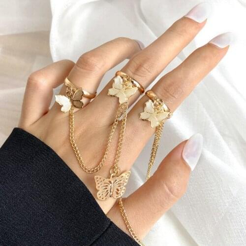 Modyle Fashion Hip Hop Style Gold Silver Color Chain Butterfly Ring Set Punk Vintage Finger Rings for Women Jewelry Gift