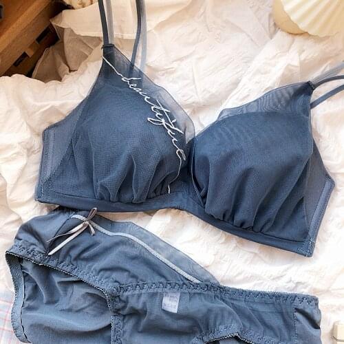 Wriufred Embroidered letters retro bra panties set no steel ring gather comfortable lingerie set mesh sexy underwear women