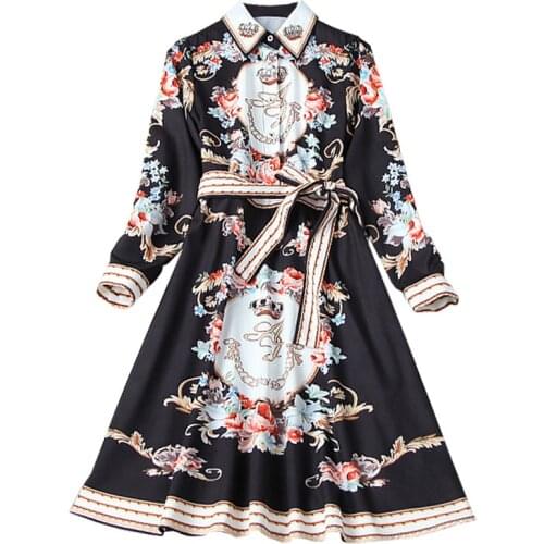 Fashion Runway Luxury Crown Flower Print Dresses Women Celebrity Long Sleeve Bow Belt Lapel Elegant Party Shirt Dress Black