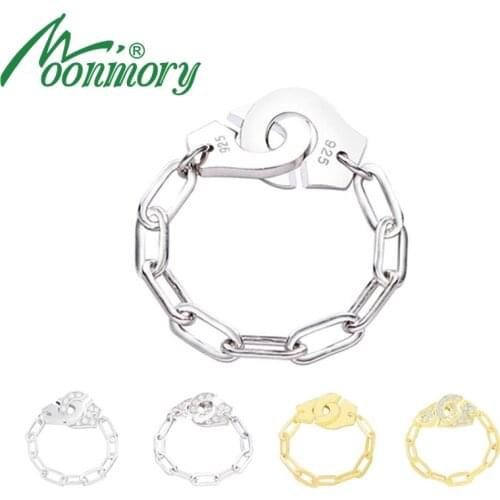 Moonmory Fashion 925 Sterling Silver Handcuff Ring White Paper Clip Chain Menottes Ring Gift For Women And Men Jewelry Dating