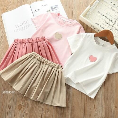 2019 new childrens clothing Set girls baby Cotton love short-sleeved T-shirt pleated skirt Kids Clothes suit