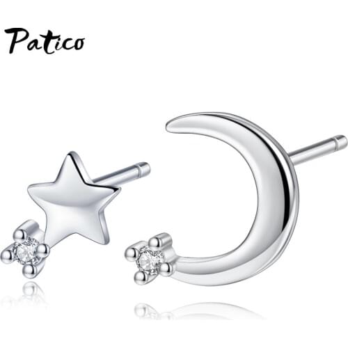 New Arrival Classic Geometric Women 925 Sterling Asymmetric Stud Earrings Star Moon Set Female Korean Cubic Zircon Jewelry