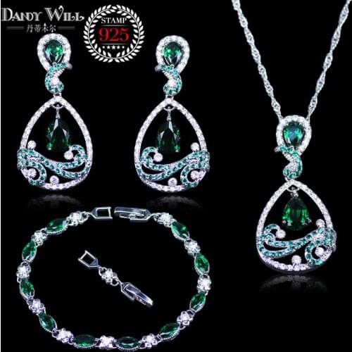 Trendy Water Drop Green Cubic Zirconia White CZ silver color Jewelry Sets For Women Earrings/Pendant/Necklace/Bracelet