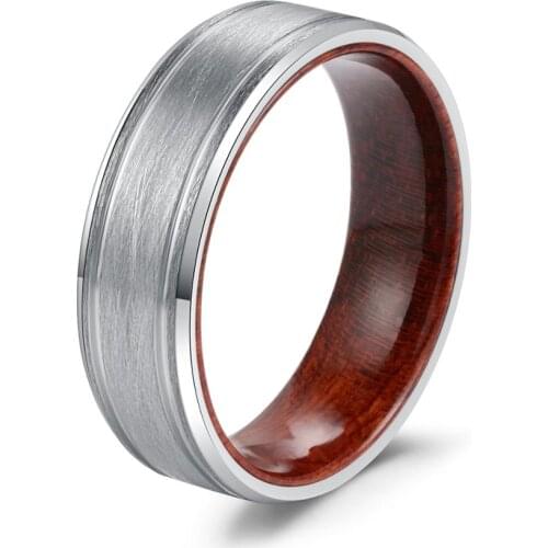 POYA Tungsten Ring for Men Beveled Edges Brushed Top Wedding Engagement Band Inlay Rosewood Liner