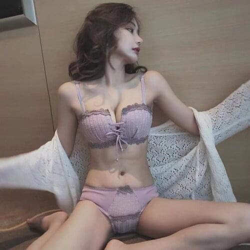 Japanese [bra+underwear] no rims gathered underwear womens suit sexy adjustable anti-slip strap girls bra lingerie set sexy