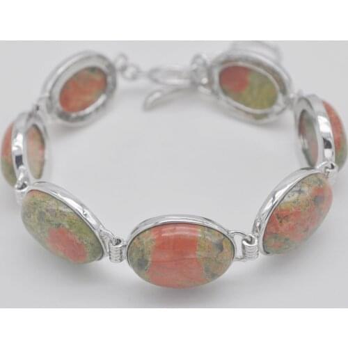 Natural Stone Unakite Epidote Bracelet Jewelry For Women Oval CAB Cabochon Beads Chain Bracelet H886