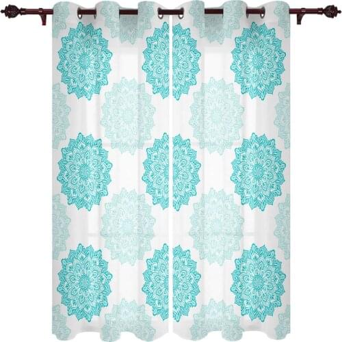 Mandala Pattern Aqua Texture Window Curtains Kids Room Living Room Curtain Panels Valance Curtains for Kitchen