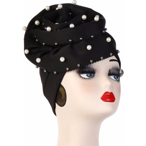 Elegant Pearl Head Beanie Women Summer Muslim Hat Beads Flower for Lady Cotton India Hat Fashion Cancer Chemo Hats