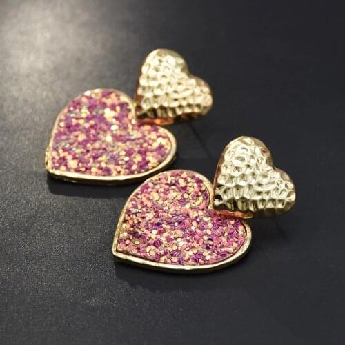 Cute Gold Metal Heart Shpae Drop Earrings for Women Bridal pendientes Pink Sequins Statement Earrings Indian Party Jewelry