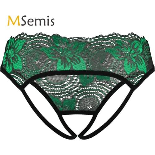Womens Crotchless Thong G-string Briefs Underwear See Through Sheer Floral Lace Lingerie Low Rise Open Crotch Underwear Panties