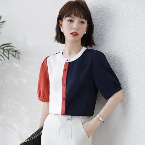 Womens Tops and Blouses Chiffon Shirt Single-breasted Short Sleeve Shirt Summer Korean Fashion