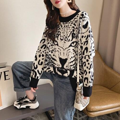 Women Leopard Round Neck Pullover Sweater Long-sleeved Frilly Loose Casual Lazy Tiger Head Sweater Female 2021 Spring