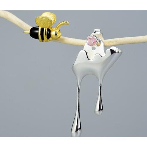 925 Sterling Silver Handmade Fine Jewelry 18K Gold Bee and Dripping Honey Asymmetric Stud Earrings for Women Gift
