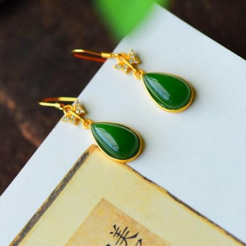 Antique Eardrops Court Style Earrings Water-Drop Eardrops Retro Chinese Style Natural Hetian Jade Green Jade Earrings Womens S
