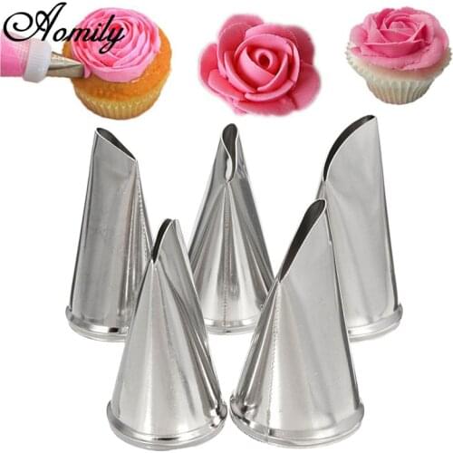 Aomily 5pcs/Set Petal Icing Nozzles Dessert Maker Stainless Steel Flower Piping Sugarcraft Cupcake Tip Pastry Baking Fondant