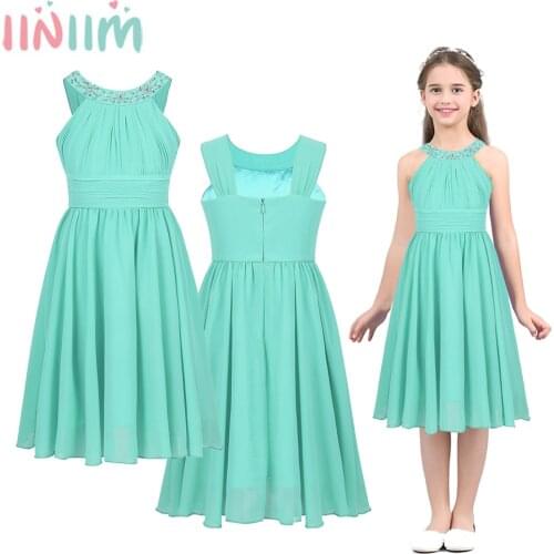 Iiniim Girls Costumes Chiffon Dress Flower Shaped Rhinestone Halter Neck for Kids Teen Weeding Party Vestidos Princess Dress
